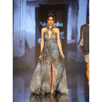 Nirmooha Printed Chiffon Halter Neck Gown