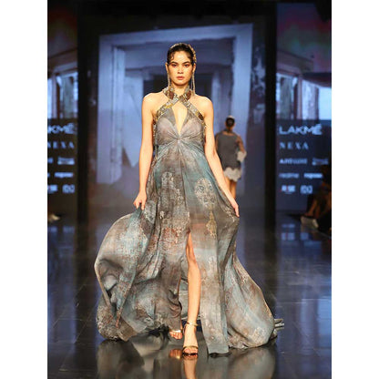 Nirmooha Printed Chiffon Halter Neck Gown