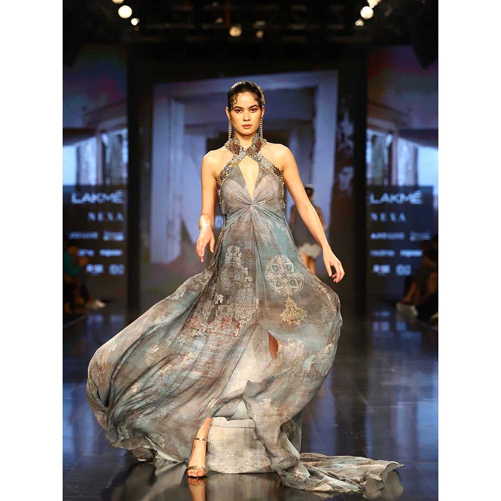 Nirmooha Printed Chiffon Halter Neck Gown