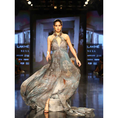 Nirmooha Printed Chiffon Halter Neck Gown