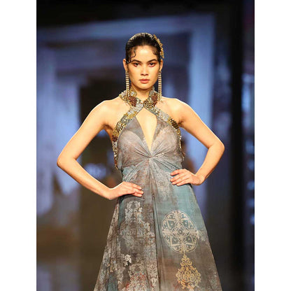 Nirmooha Printed Chiffon Halter Neck Gown