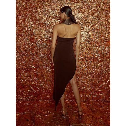 Nirmooha Brown Asymmetrical Micro Dress with Halter Neck