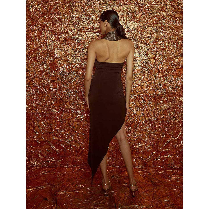 Nirmooha Brown Asymmetrical Micro Dress with Halter Neck