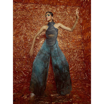 Nirmooha Blue Harness Bustier with Printed Flared Pants (Set of 3)