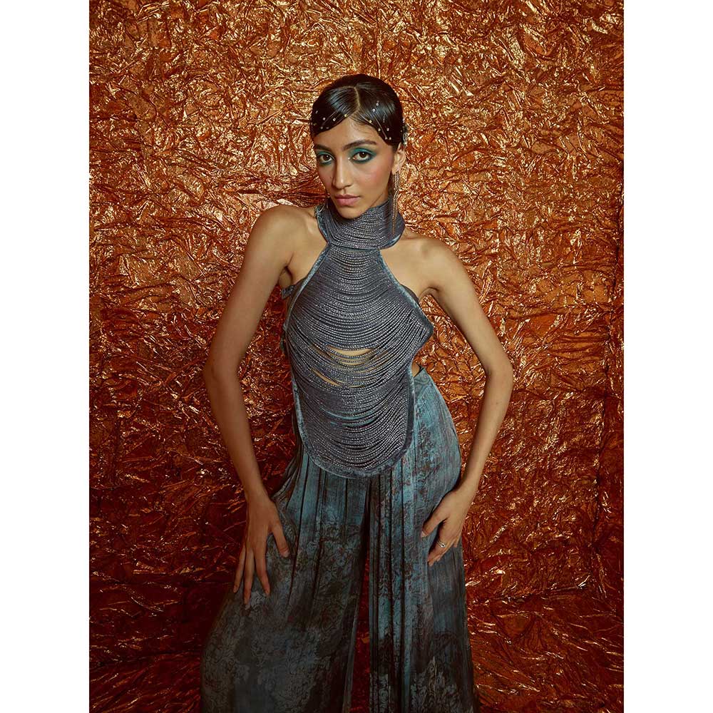 Nirmooha Blue Harness Bustier with Printed Flared Pants (Set of 3)