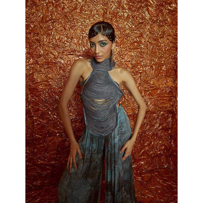 Nirmooha Blue Harness Bustier with Printed Flared Pants (Set of 3)