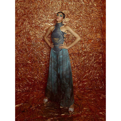 Nirmooha Blue Harness Bustier with Printed Flared Pants (Set of 3)