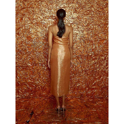 Nirmooha Tan Lurex Draped Dress