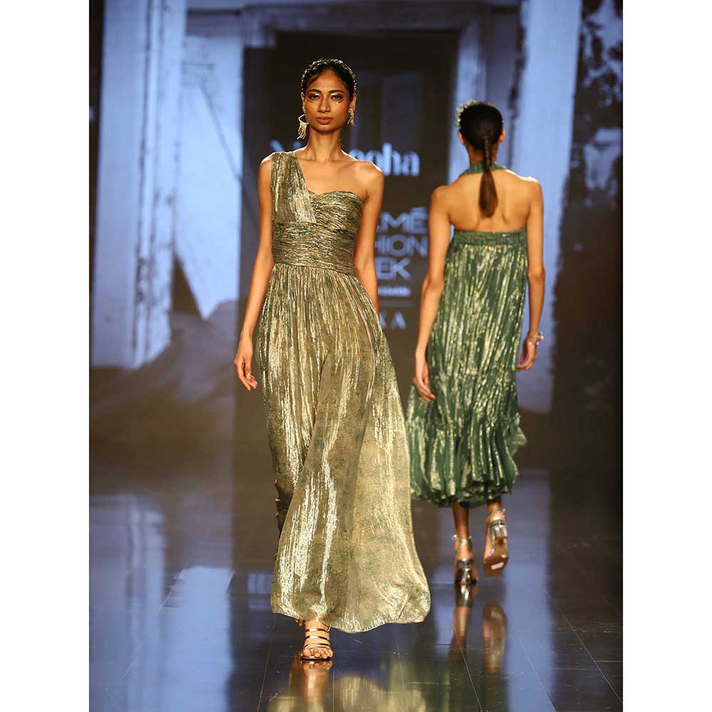 Nirmooha Green Printed One Shoulder Draped Jumpsuit