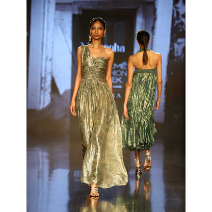 Nirmooha Green Printed One Shoulder Draped Jumpsuit