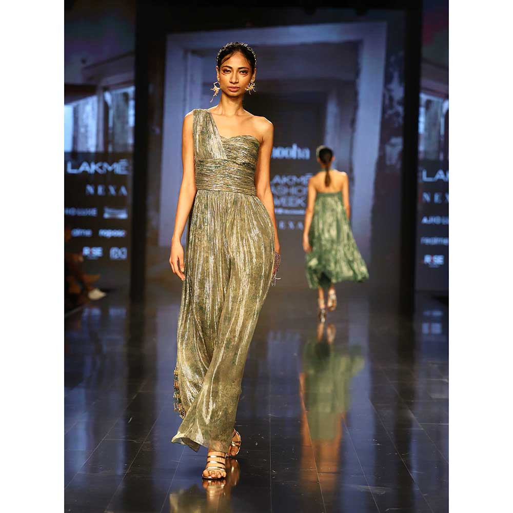 Nirmooha Green Printed One Shoulder Draped Jumpsuit