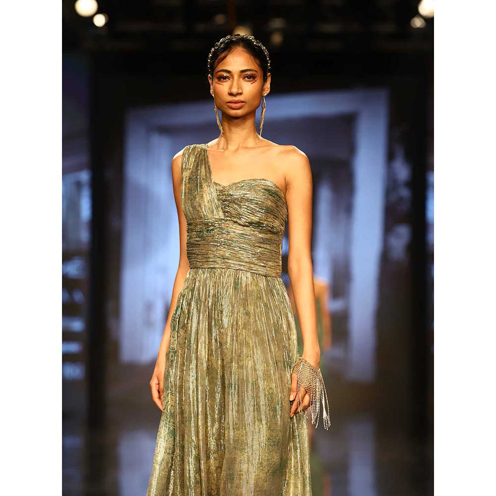 Nirmooha Green Printed One Shoulder Draped Jumpsuit