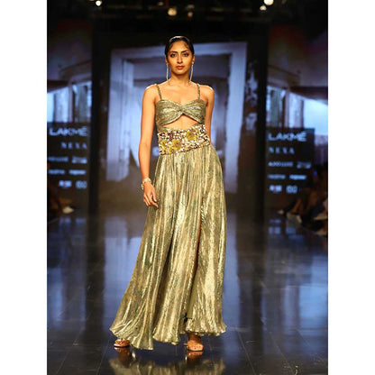 Nirmooha Green Printed Ruched Dress with Embellished Sunflower Belt (Set of 2)