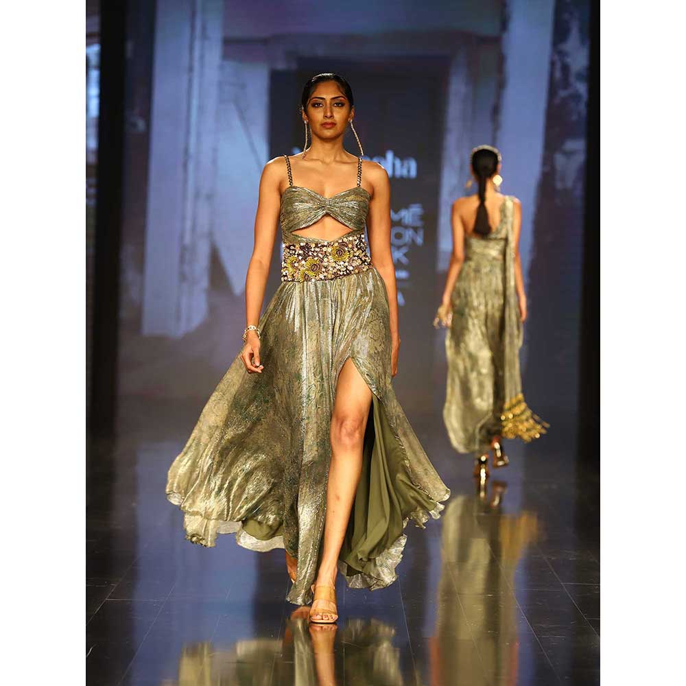 Nirmooha Green Printed Ruched Dress with Embellished Sunflower Belt (Set of 2)