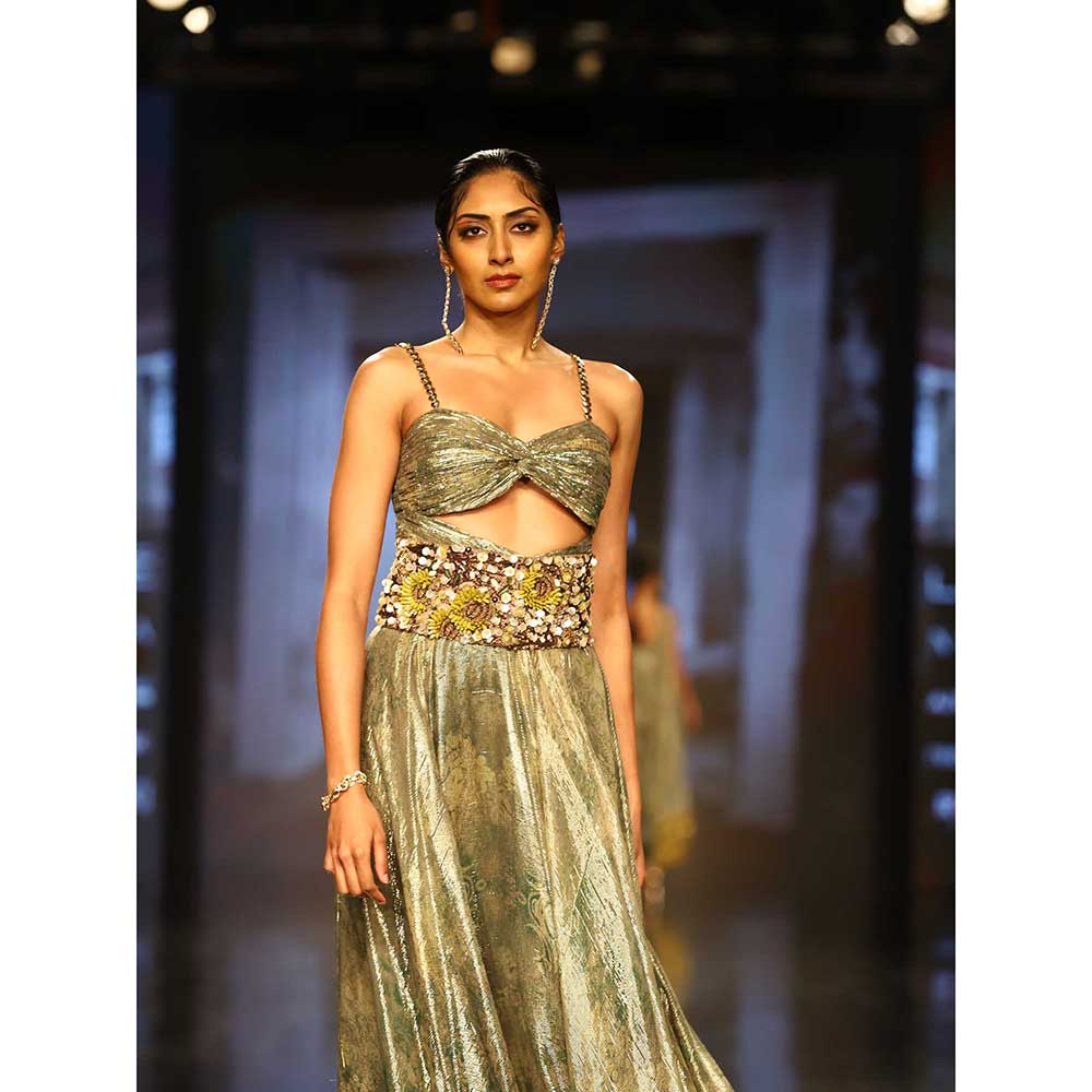 Nirmooha Green Printed Ruched Dress with Embellished Sunflower Belt (Set of 2)