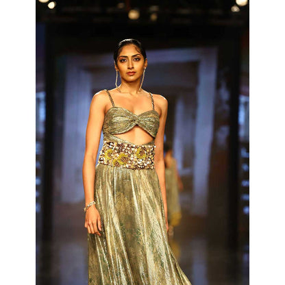 Nirmooha Green Printed Ruched Dress with Embellished Sunflower Belt (Set of 2)