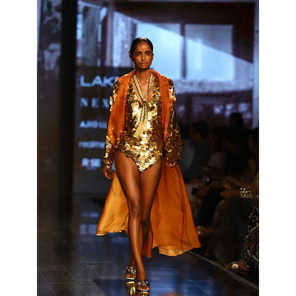 Nirmooha Golden Sequin Embellished Leotard and Organza Trench (Set of 2)