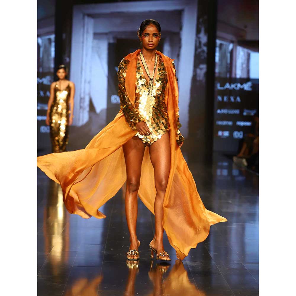 Nirmooha Golden Sequin Embellished Leotard and Organza Trench (Set of 2)