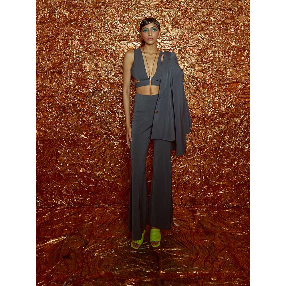 Nirmooha Grey Micro Crop Top with Micro Flared Pant (Set of 2)