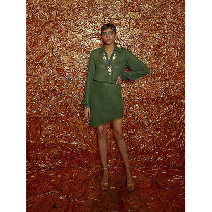 Nirmooha Green Georgette Shirt and Pleated Short Skirt (Set of 2)