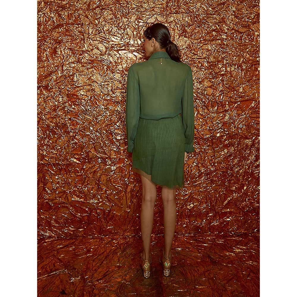 Nirmooha Green Georgette Shirt and Pleated Short Skirt (Set of 2)