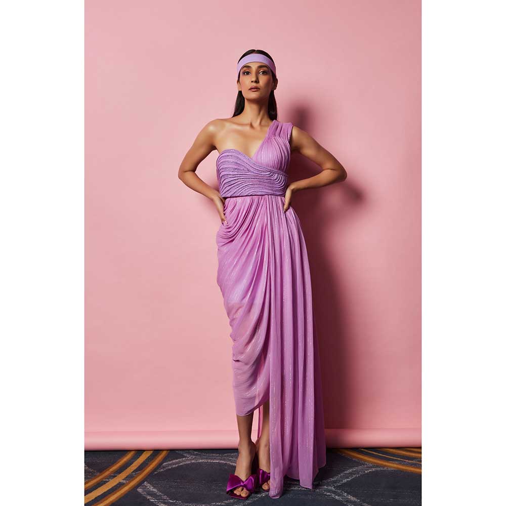 Nirmooha Lilac Draped Gown Lilac Hand Embroidered Cording Bustier (Set of 2)