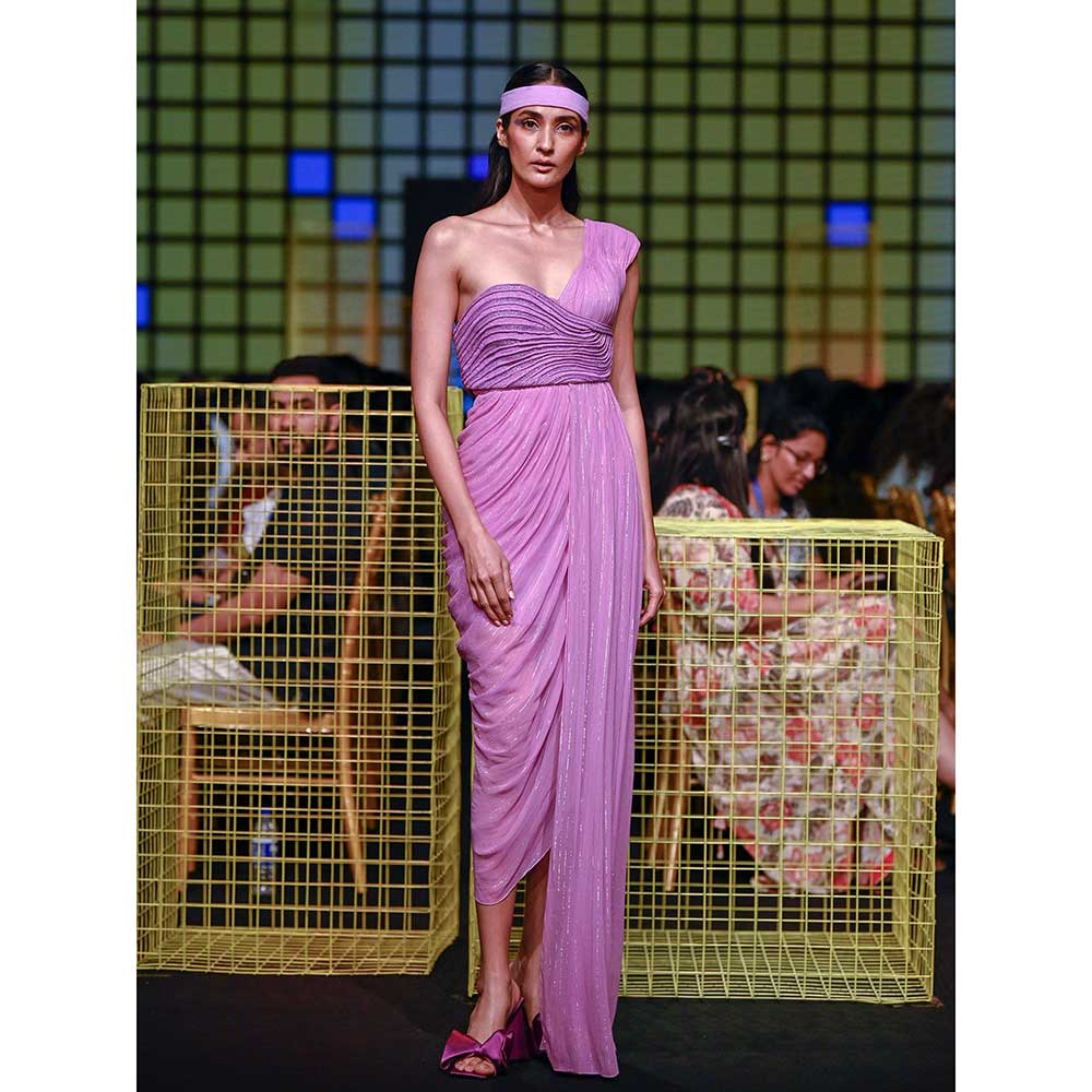 Nirmooha Lilac Draped Gown Lilac Hand Embroidered Cording Bustier (Set of 2)