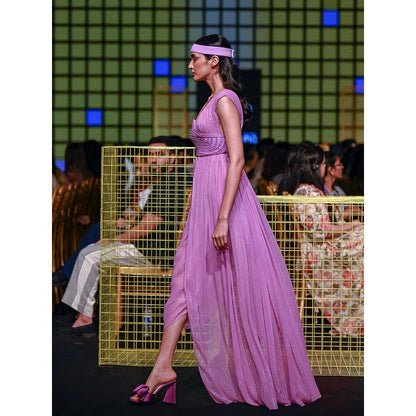 Nirmooha Lilac Draped Gown Lilac Hand Embroidered Cording Bustier (Set of 2)