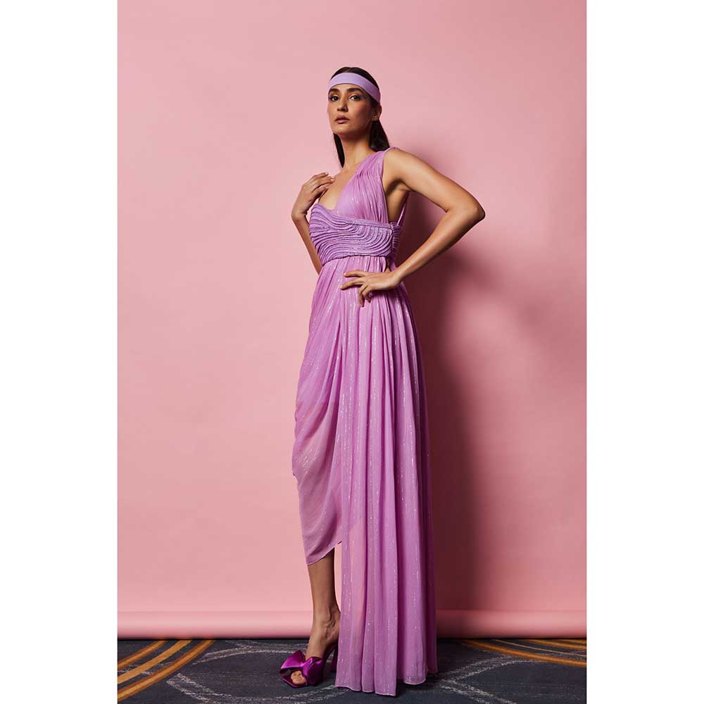 Nirmooha Lilac Draped Gown Lilac Hand Embroidered Cording Bustier (Set of 2)