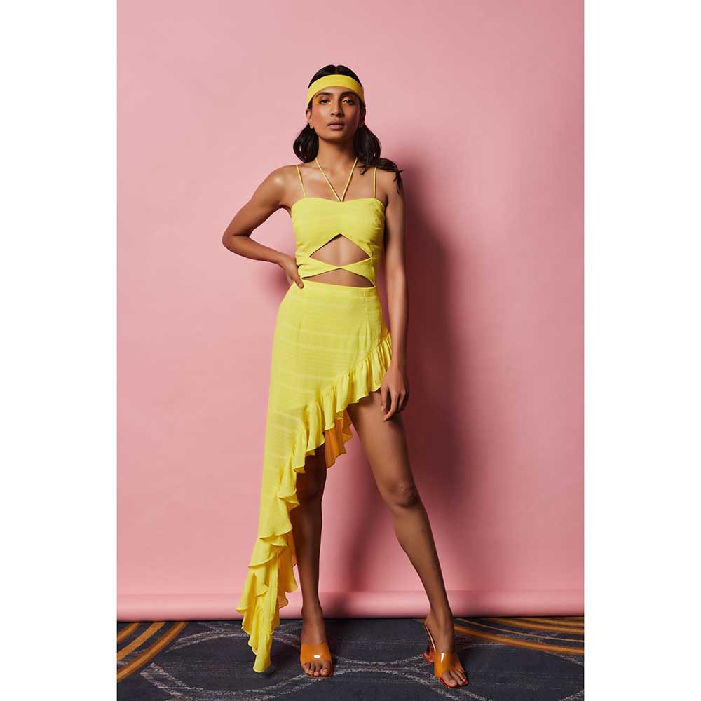 Nirmooha Lemon Yellow Cutout Asymmetrical Dress with attached Hand Embroidered Tassels