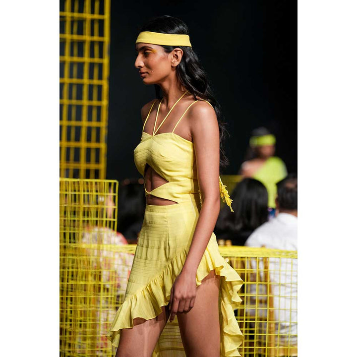 Nirmooha Lemon Yellow Cutout Asymmetrical Dress with attached Hand Embroidered Tassels