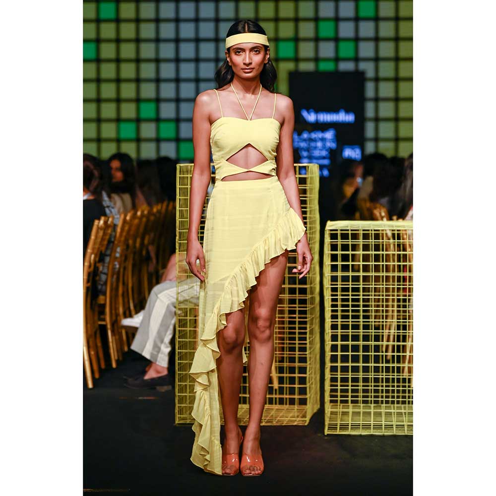 Nirmooha Lemon Yellow Cutout Asymmetrical Dress with attached Hand Embroidered Tassels