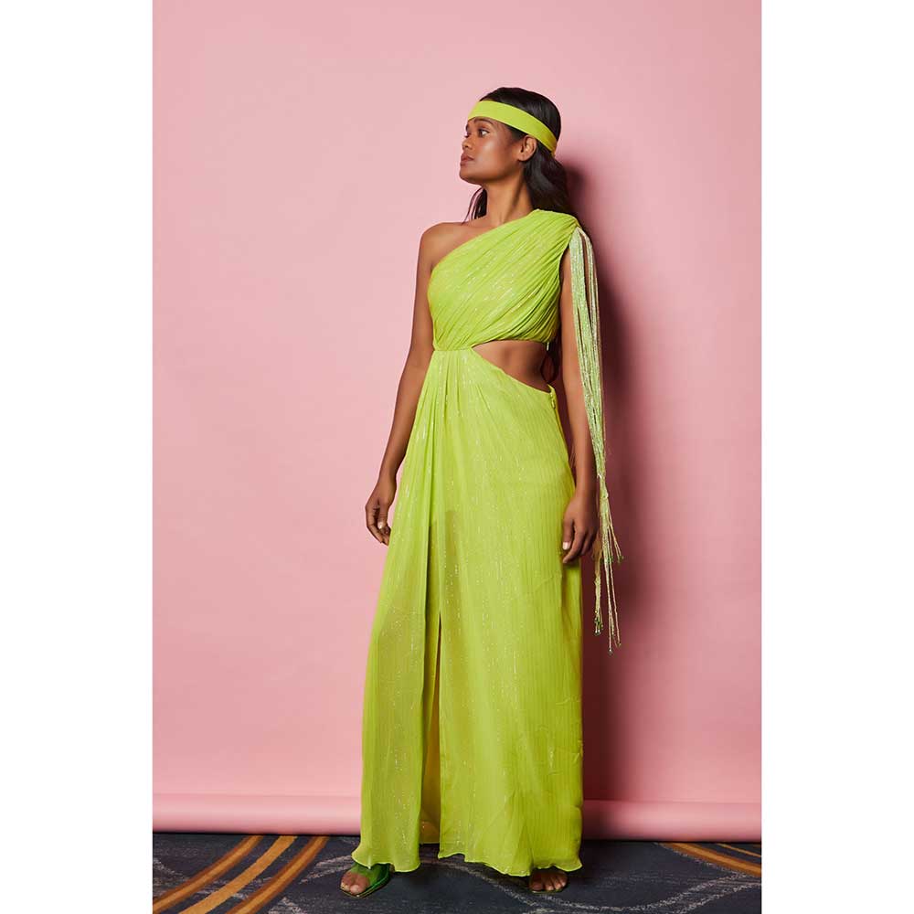 Nirmooha Lime Green Draped One Shoulder Cutout Dress with Hand Embroidered Tassel Fringe