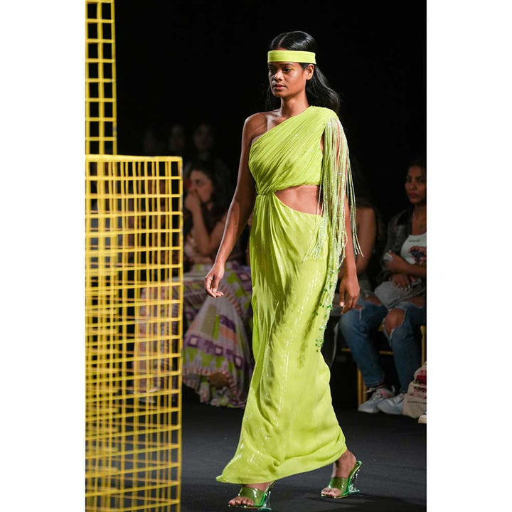 Nirmooha Lime Green Draped One Shoulder Cutout Dress with Hand Embroidered Tassel Fringe