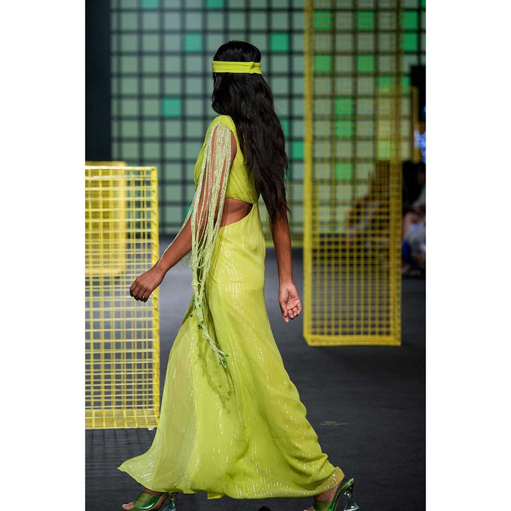 Nirmooha Lime Green Draped One Shoulder Cutout Dress with Hand Embroidered Tassel Fringe
