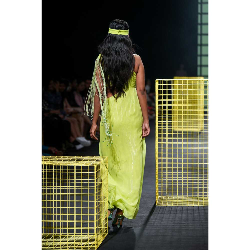 Nirmooha Lime Green Draped One Shoulder Cutout Dress with Hand Embroidered Tassel Fringe