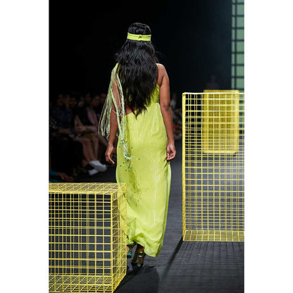 Nirmooha Lime Green Draped One Shoulder Cutout Dress with Hand Embroidered Tassel Fringe