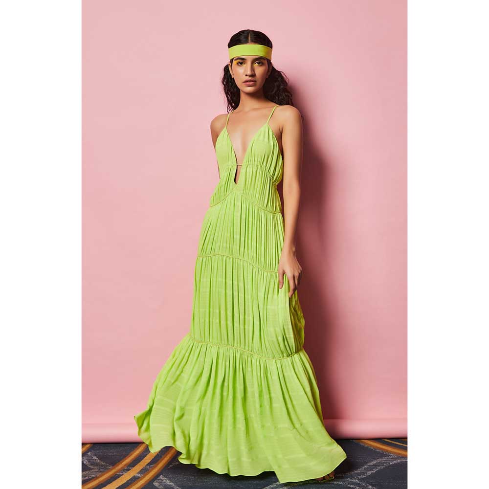 Nirmooha Lime Green Textured Maxi with Cording Detailing