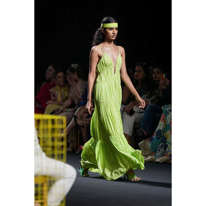 Nirmooha Lime Green Textured Maxi with Cording Detailing
