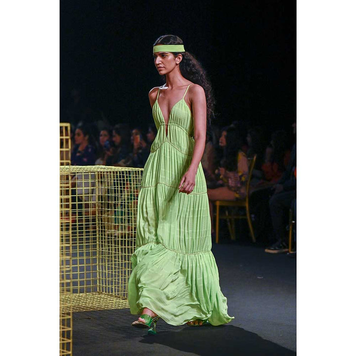 Nirmooha Lime Green Textured Maxi with Cording Detailing