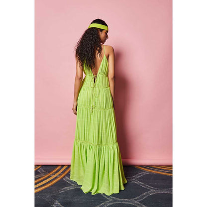 Nirmooha Lime Green Textured Maxi with Cording Detailing