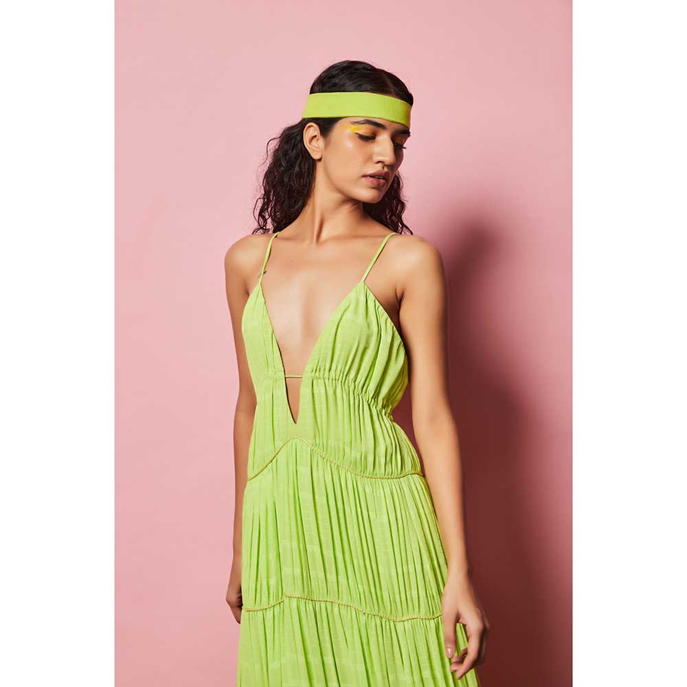 Nirmooha Lime Green Textured Maxi with Cording Detailing