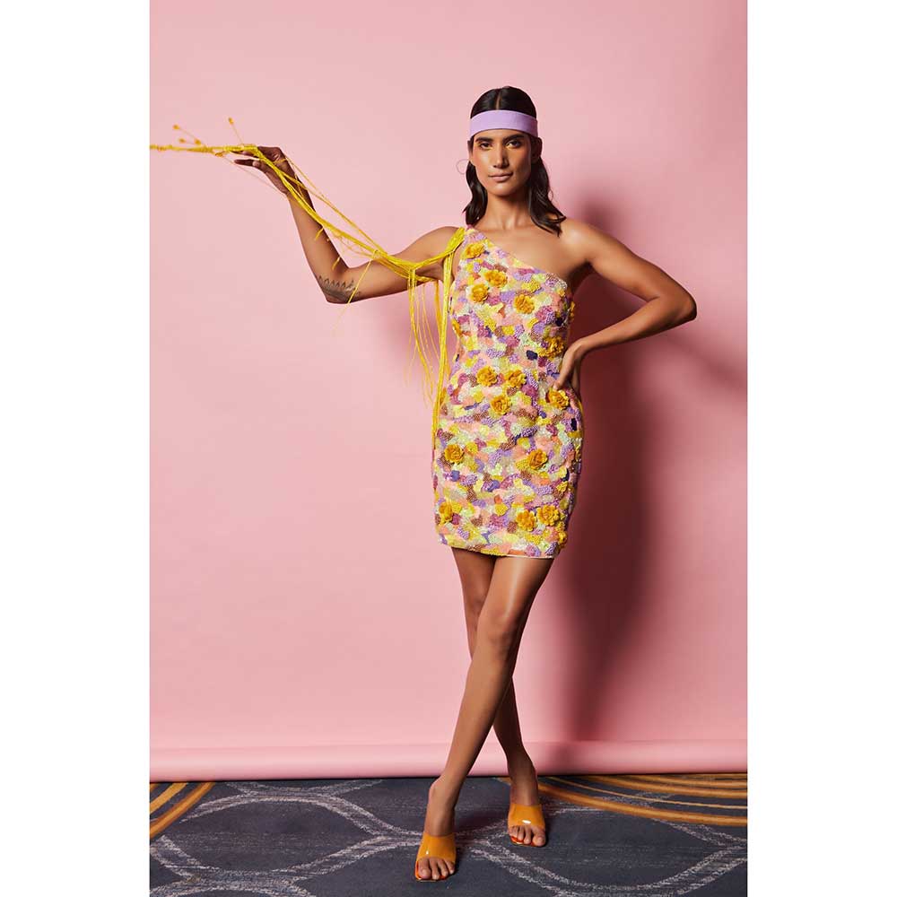 Nirmooha Multi Hand embroidered Mini Dress with attaches Long Tassels Fringes