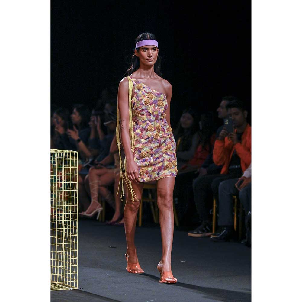 Nirmooha Multi Hand embroidered Mini Dress with attaches Long Tassels Fringes