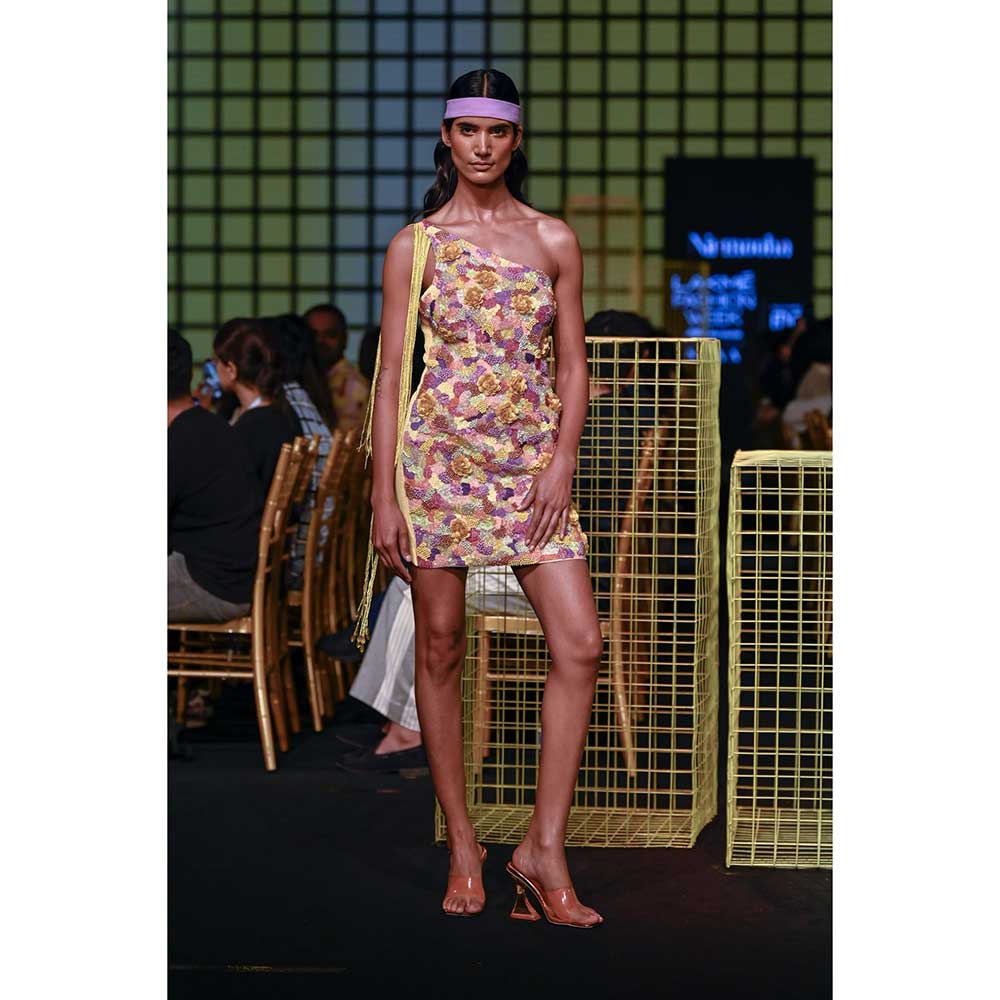 Nirmooha Multi Hand embroidered Mini Dress with attaches Long Tassels Fringes