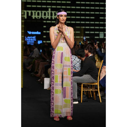 Nirmooha Geometric Printed Deep Halter Neck Tie up Jumpsuit