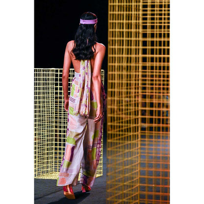 Nirmooha Geometric Printed Deep Halter Neck Tie up Jumpsuit