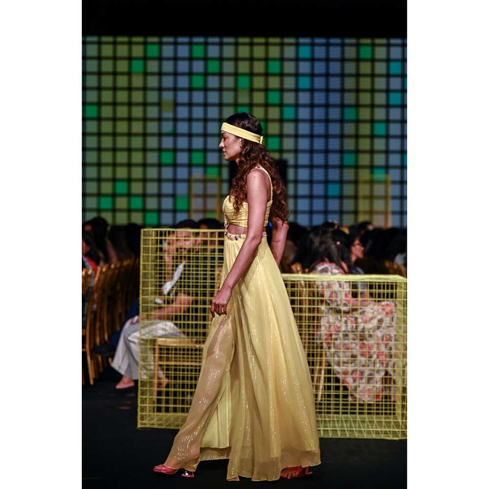 Nirmooha Lemon Yellow Draped Gown with Hand Embroidered Neckline and Centre Slit