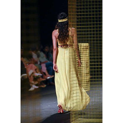 Nirmooha Lemon Yellow Draped Gown with Hand Embroidered Neckline and Centre Slit