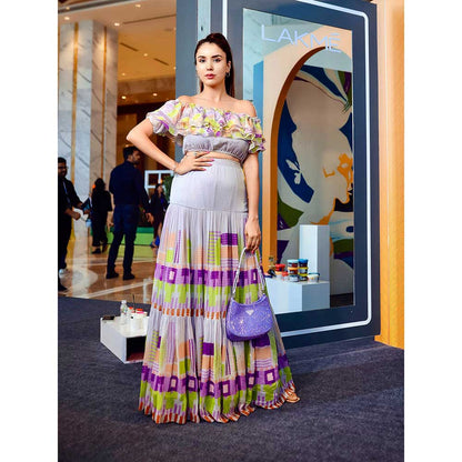 Nirmooha Geometric Printed Off Shoulder Crop Top Geometric Printed Tiered Skirt (Set of 2)